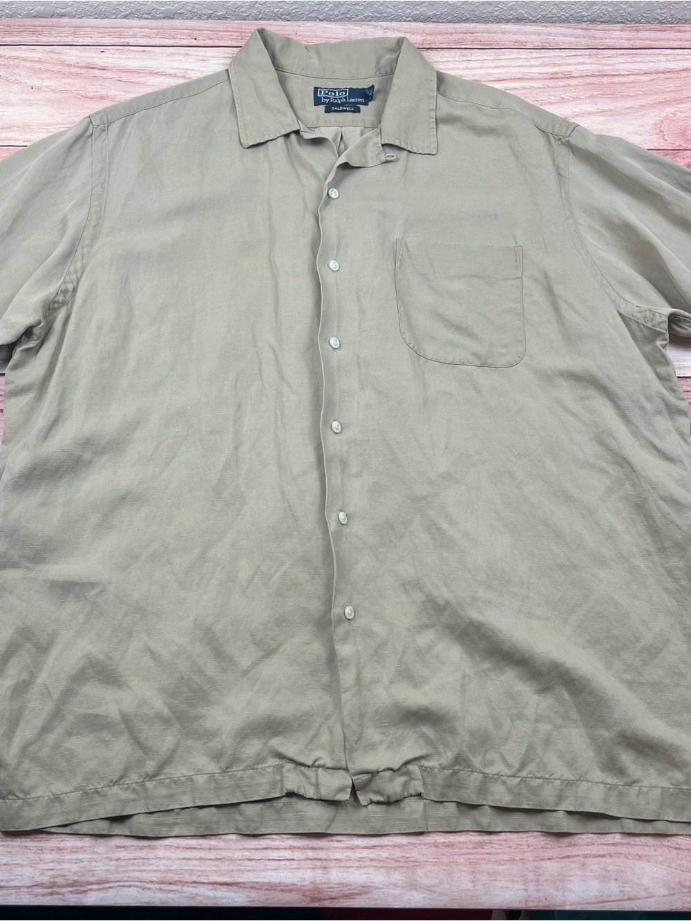 Vintage Polo Ralph Lauren Shirt Beige Caldwell Loop Collar Silk Camp 90s Mens XL